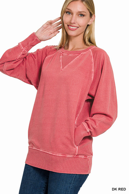 Pigment Dyed French Terry Pullover with Pockets Sweatshirt Zenana