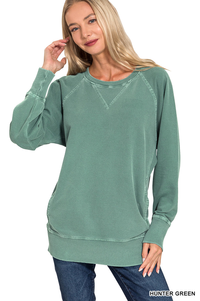 Pigment Dyed French Terry Pullover with Pockets Sweatshirt Zenana