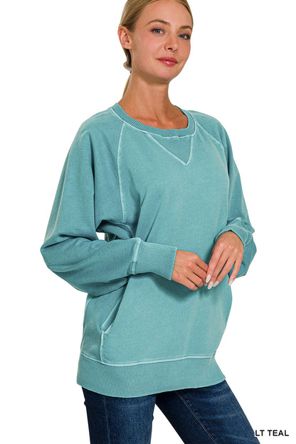 Pigment Dyed French Terry Pullover with Pockets Zenana