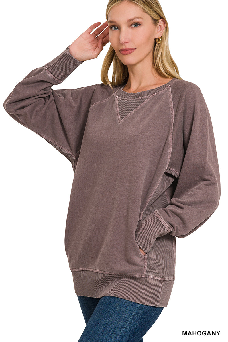 Pigment Dyed French Terry Pullover with Pockets Sweatshirt Zenana