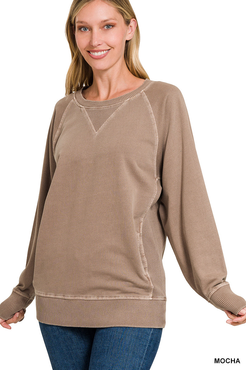 Pigment Dyed French Terry Pullover with Pockets Sweatshirt Zenana