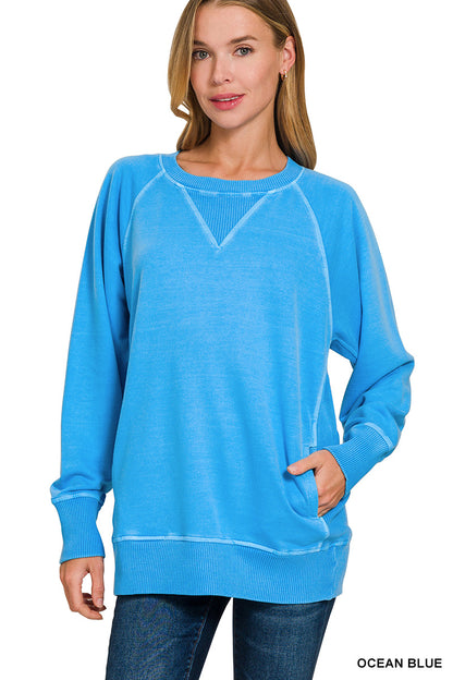 Pigment Dyed French Terry Pullover with Pockets Sweatshirt Zenana