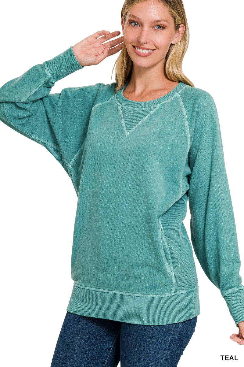 Pigment Dyed French Terry Pullover with Pockets Zenana