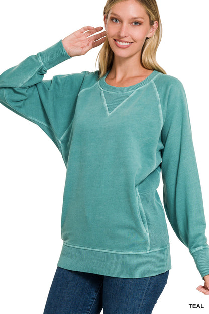 Pigment Dyed French Terry Pullover with Pockets Zenana