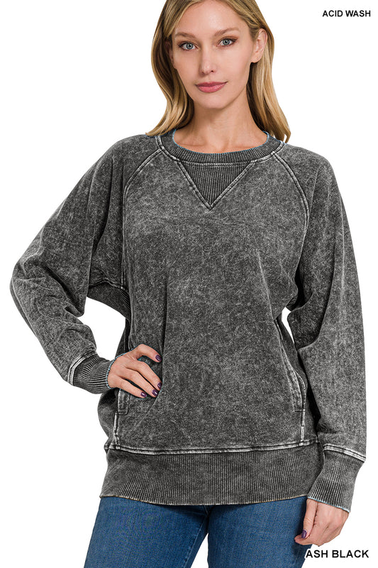 Acid Washed French Terry pullover with Pockets Sweatshirt Zenana