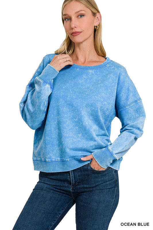 French Terry Acid Wash boat neck Pullover Sweatshirt Zenana