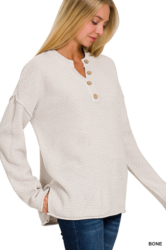 4 Buttons Henley Neckline Basic Sweater Zenana