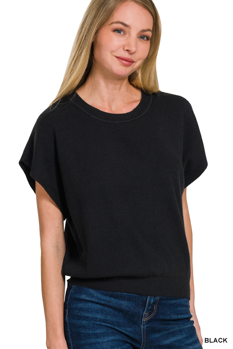Zenana Round Neck Short Dolman Sleeve Sweater