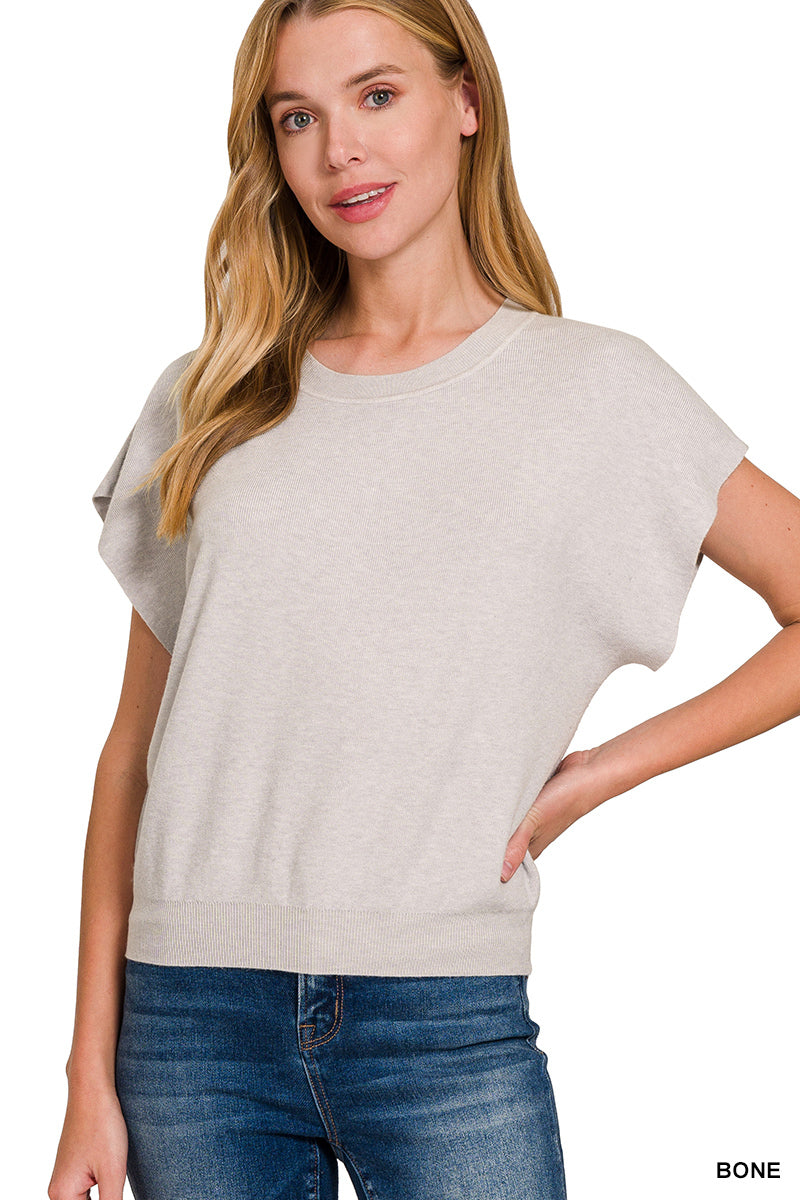 Zenana Round Neck Short Dolman Sleeve Sweater