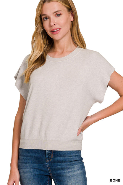 Zenana Round Neck Short Dolman Sleeve Sweater