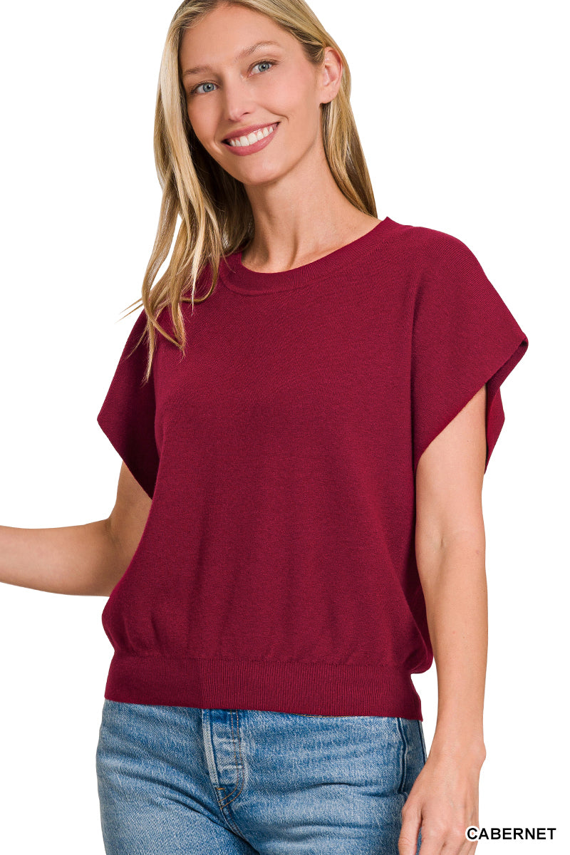 Zenana Round Neck Short Dolman Sleeve Sweater