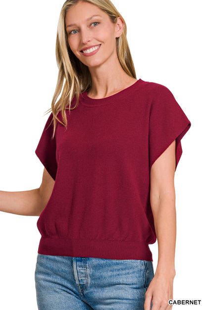 Zenana Round Neck Short Dolman Sleeve Sweater