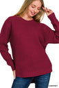 Hi-Low Long Sleeve Round Neck Waffle Sweater Zenana