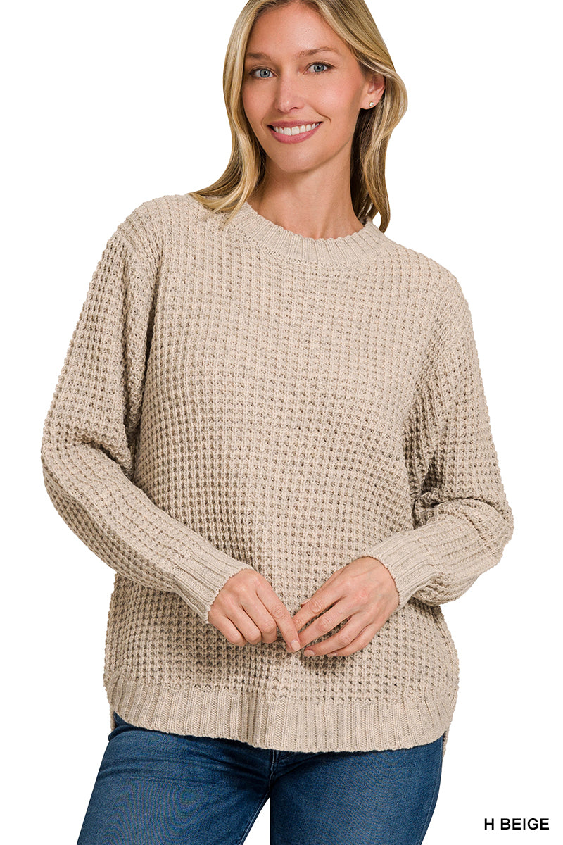 Hi-Low Long Sleeve Round Neck Waffle Sweater Zenana