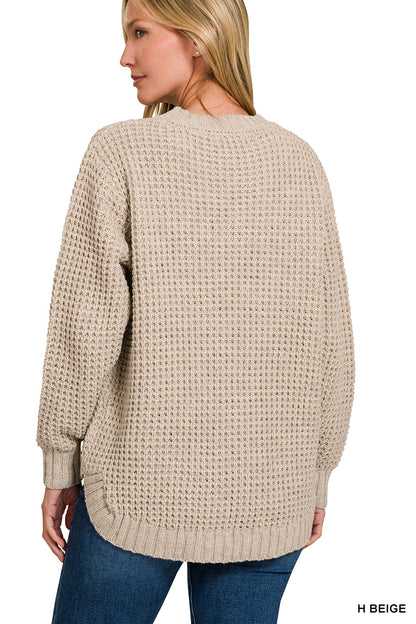 Hi-Low Long Sleeve Round Neck Waffle Sweater Zenana