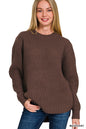 Hi-Low Long Sleeve Round Neck Waffle Sweater Zenana