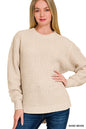 Hi-Low Long Sleeve Round Neck Waffle Sweater Zenana