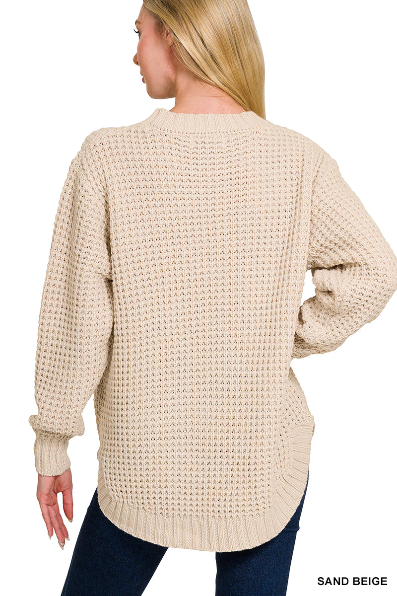 Hi-Low Long Sleeve Round Neck Waffle Sweater Zenana