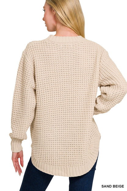 Hi-Low Long Sleeve Round Neck Waffle Sweater Zenana