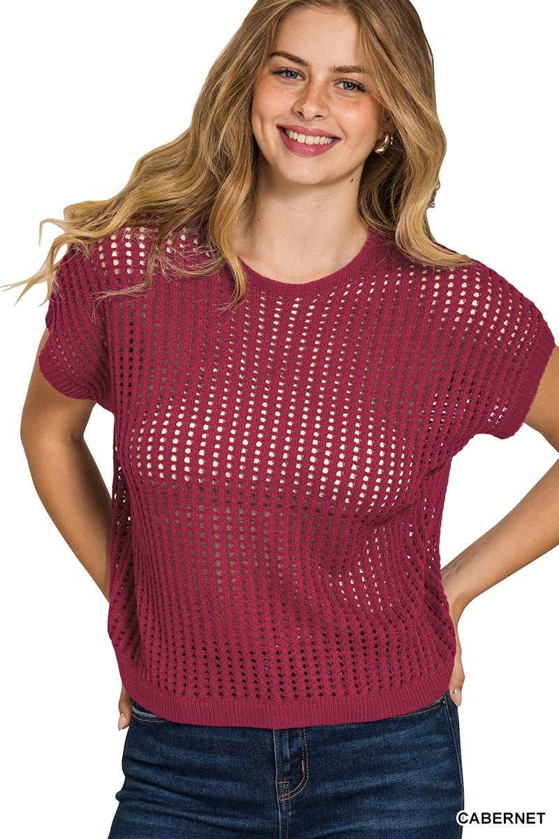 Zenana Viscose Crochet Knit Sheer Hollow Sweater