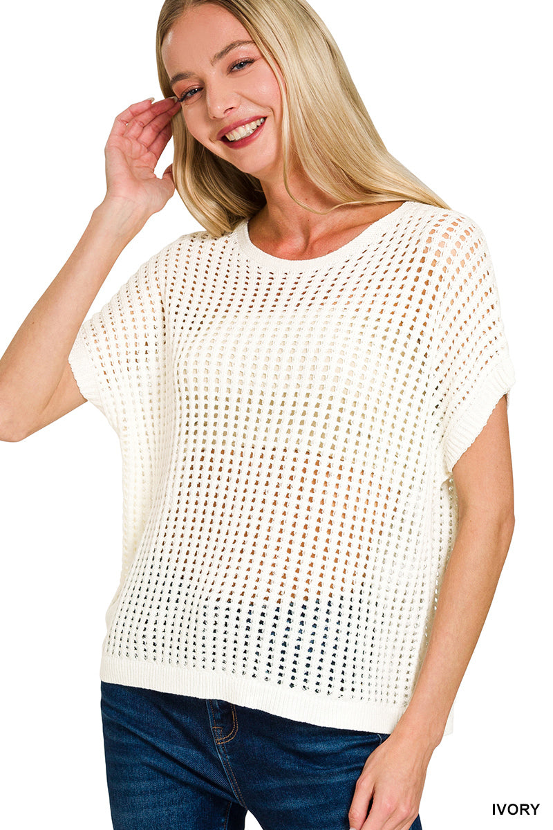 Zenana Viscose Crochet Knit Sheer Hollow Sweater