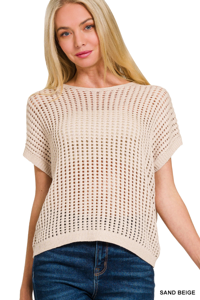 Zenana Viscose Crochet Knit Sheer Hollow Sweater