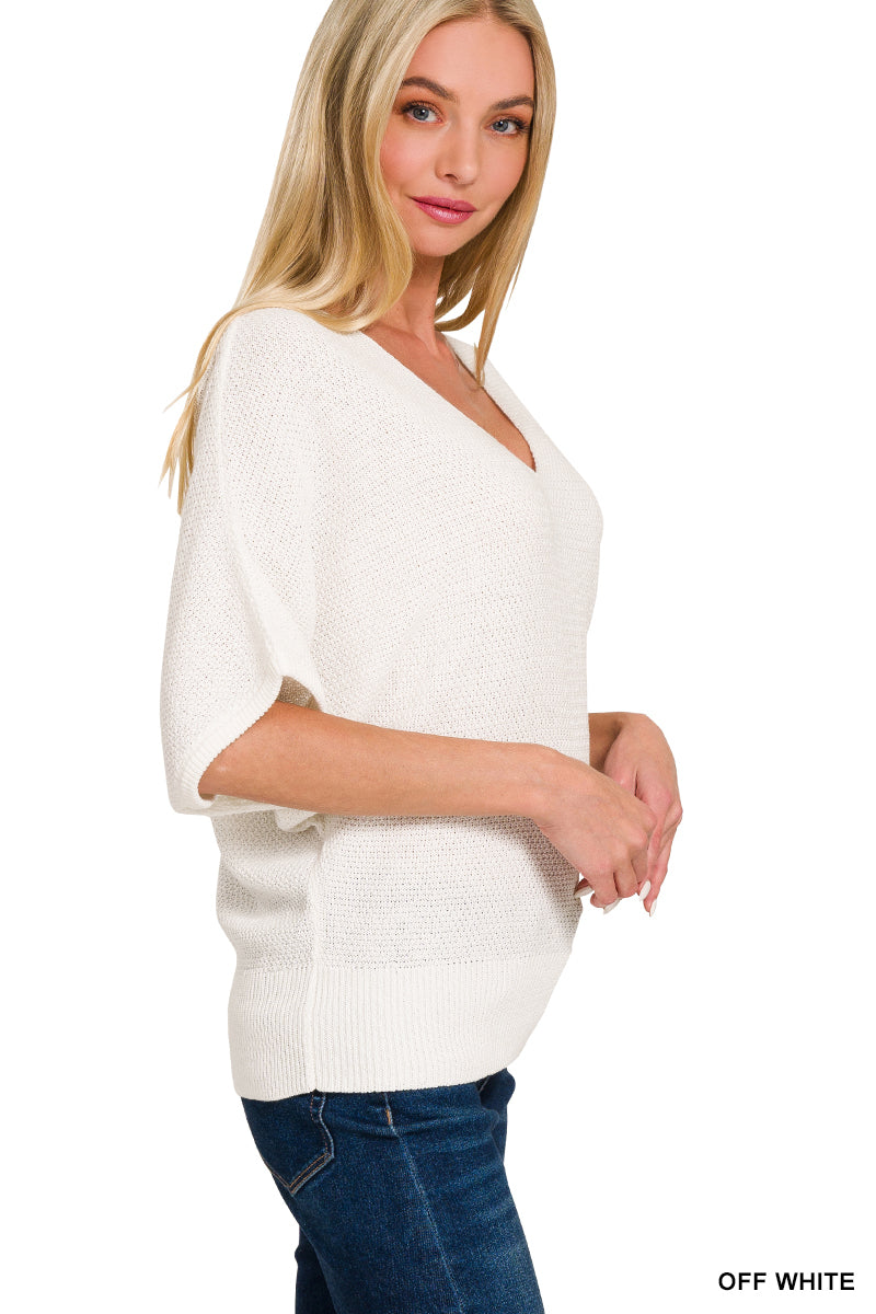 V-Neck Short Sleeve Dolman Sweater Zenana