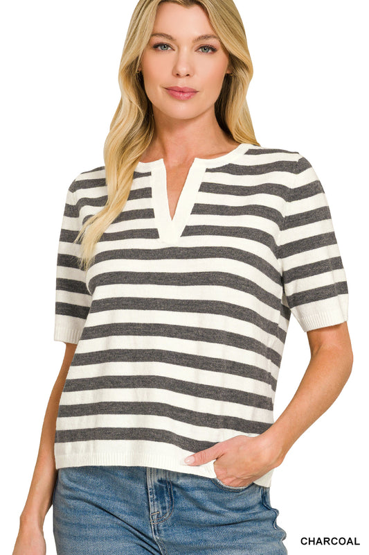 Zenana Split Neck Stripe Short Sleeve Sweater