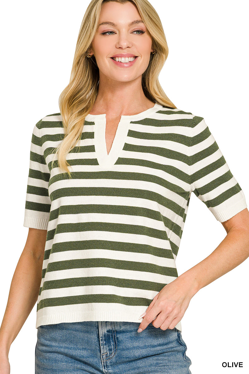 Zenana Split Neck Stripe Short Sleeve Sweater