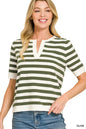 Zenana Split Neck Stripe Short Sleeve Sweater