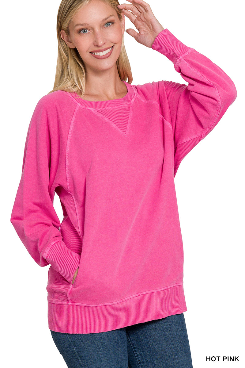 Pigment Dyed French Terry Pullover with Pockets Sweatshirt Zenana