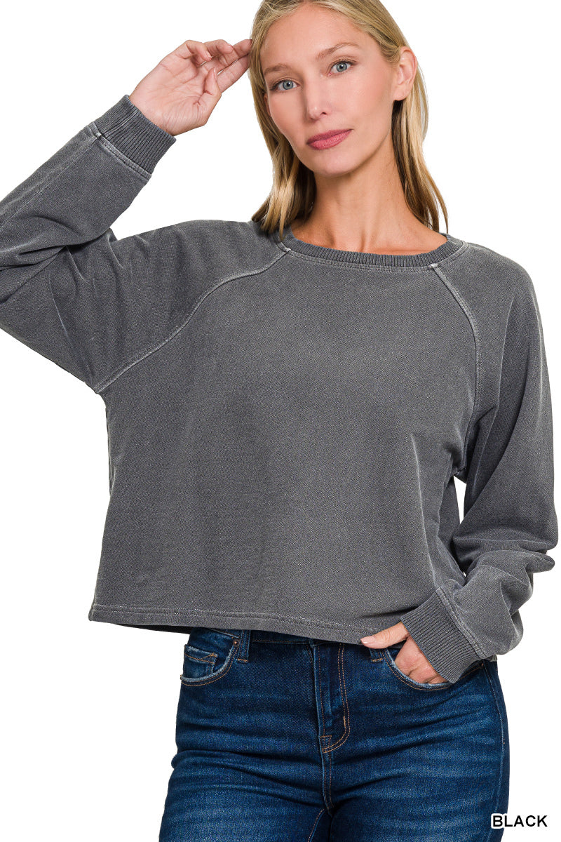 Zenana Washed French Terry Round Neck Pullover