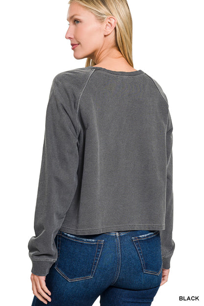 Zenana Washed French Terry Round Neck Pullover