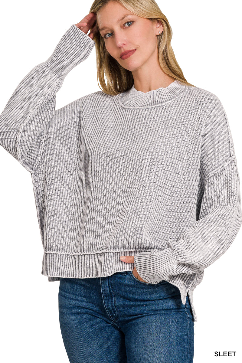 Washed Side Slit oversized cropped Sweater Zenana