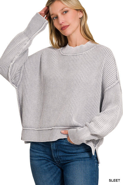 Washed Side Slit oversized cropped Sweater Zenana