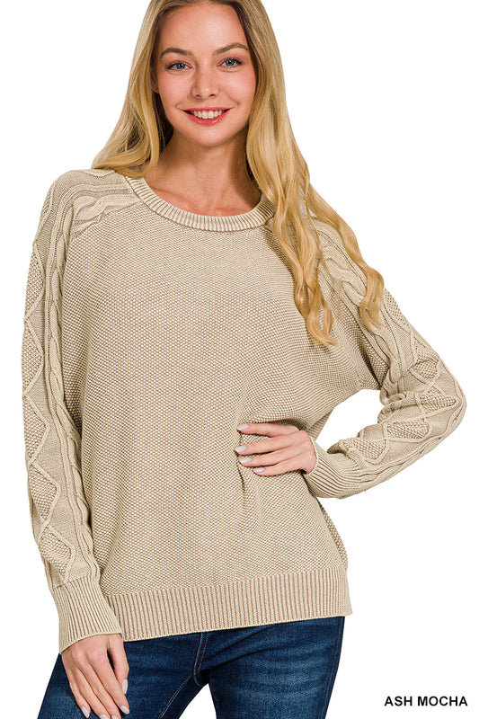 Stone Washed Cable Sleeve Crewneck sweater Zenana