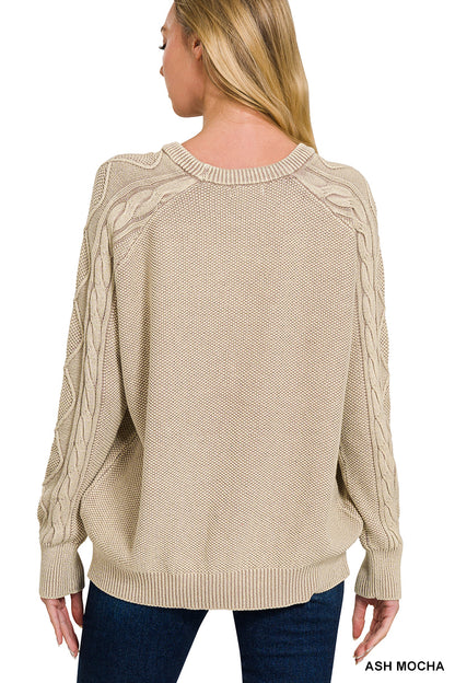 Stone Washed Cable Sleeve Crewneck sweater Zenana