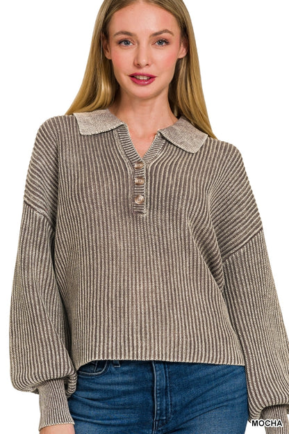 Washed Collared Henley Shirt Sweater Top Zenana