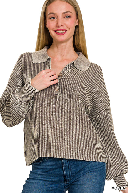 Washed Collared Henley Shirt Sweater Top Zenana