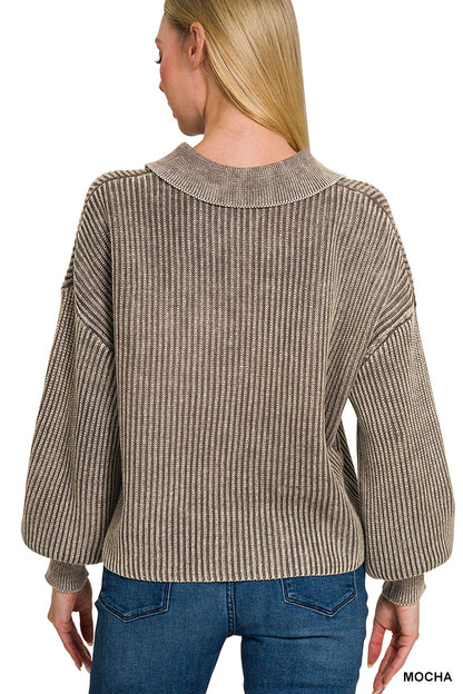 Washed Collared Henley Shirt Sweater Top Zenana