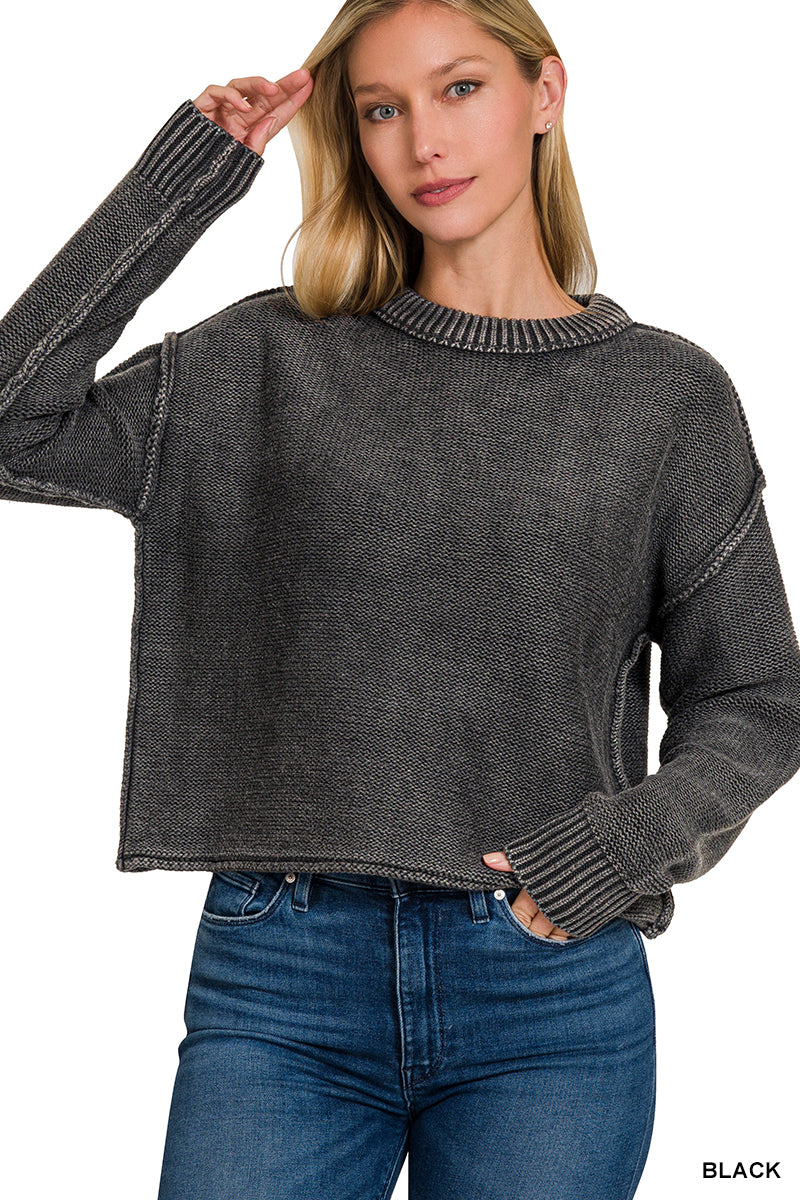 Washed Exposed Seam Crew Neck Cropped Sweater Zenana