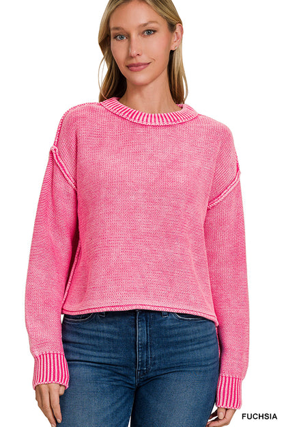 Washed Exposed Seam Crew Neck Cropped Sweater Zenana