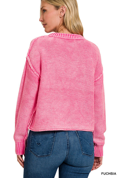 Washed Exposed Seam Crew Neck Cropped Sweater Zenana