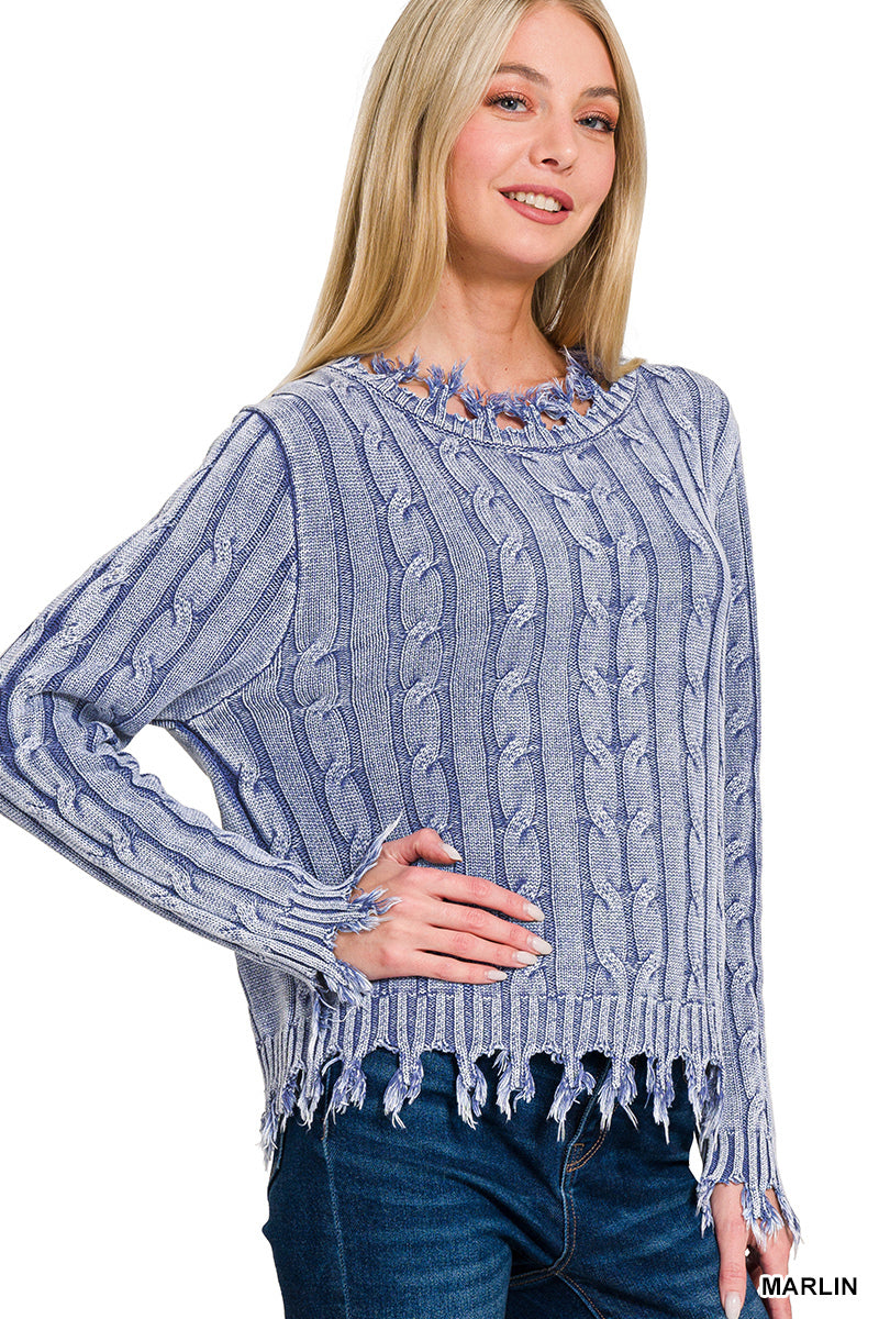 Washed Cable Knit Fringe Sweater Zenana