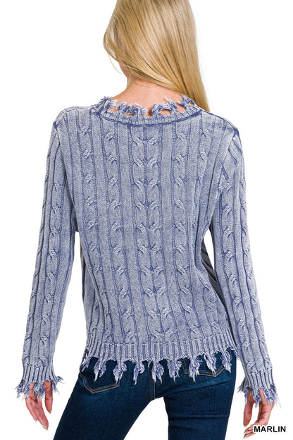 Washed Cable Knit Fringe Sweater Zenana