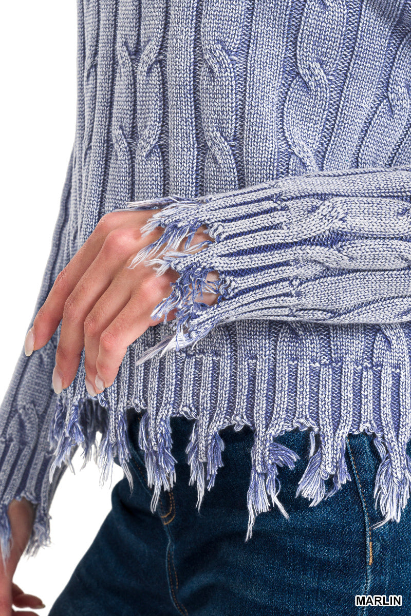 Washed Cable Knit Fringe Sweater Zenana