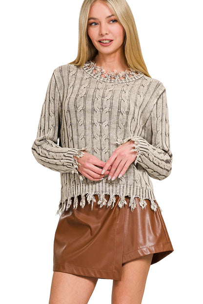 Washed Cable Knit Fringe Sweater Zenana