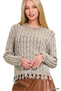 Washed Cable Knit Fringe Sweater Zenana