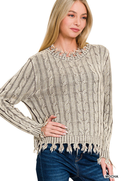 Washed Cable Knit Fringe Sweater Zenana