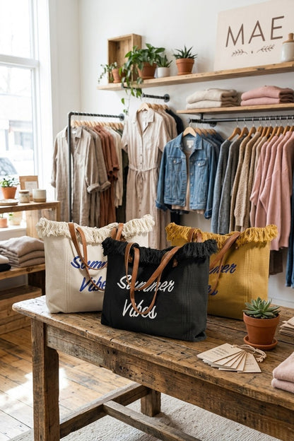 Summer Vibes Canvas Tote With Fringe Bag